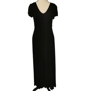 Forever 21 Short Sleeve V-Neck Black Maxi Dress High Front Slit - Sz M